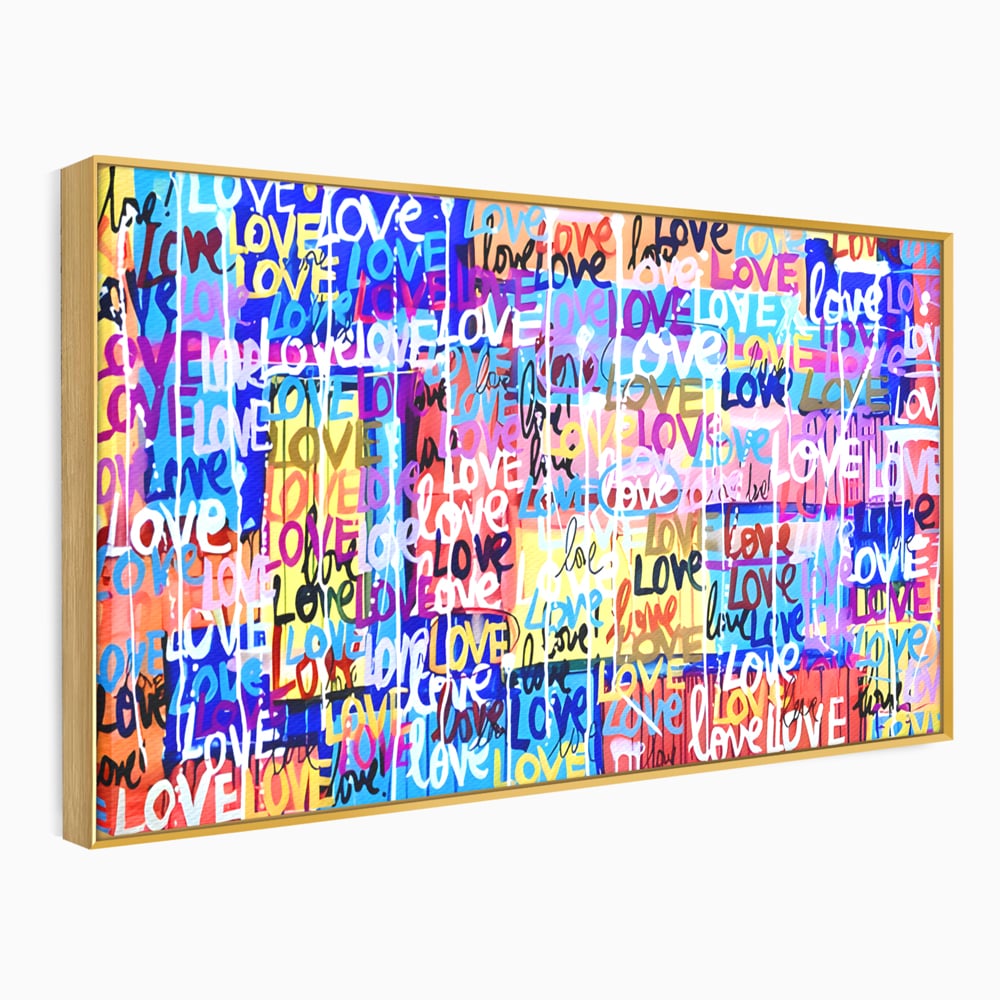 Tablou canvas cu tablou canvas cu graffiti colorat si cuvantul love, in rama de aluminiu auriu